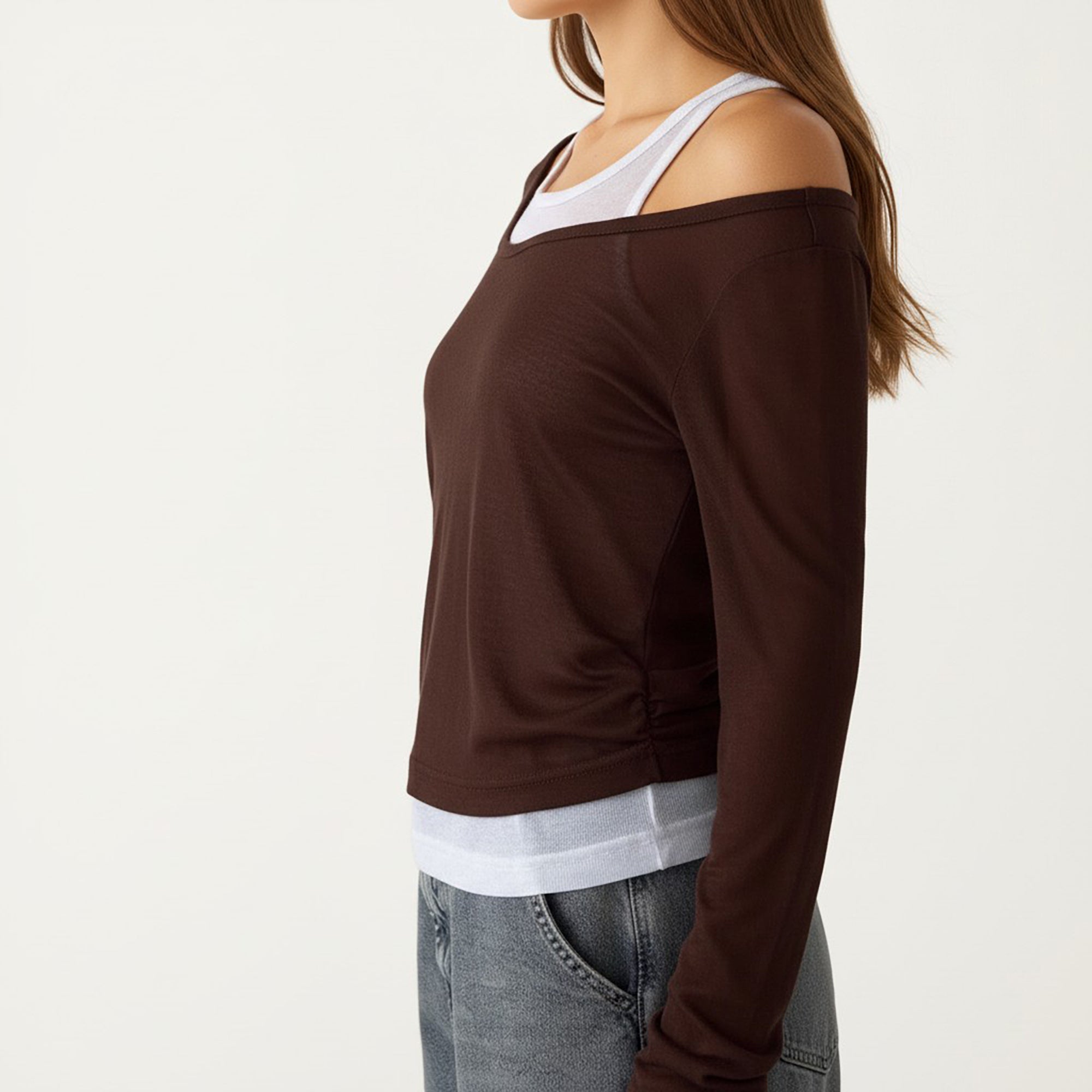Anna-Kaci Off Shoulder Long Sleeve Layered Knit Top with Relaxed Fit