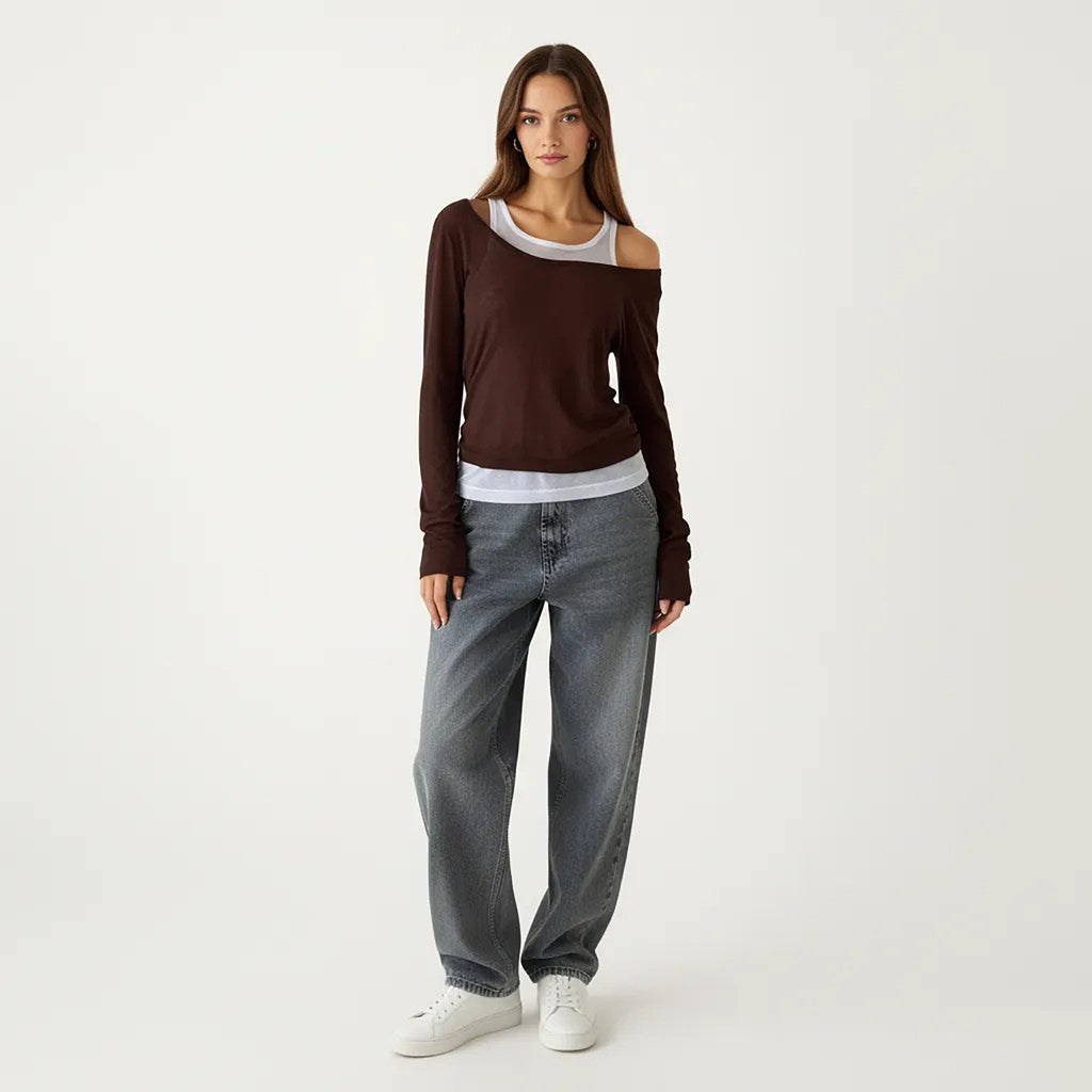 Anna-Kaci Off Shoulder Long Sleeve Layered Knit Top with Relaxed Fit
