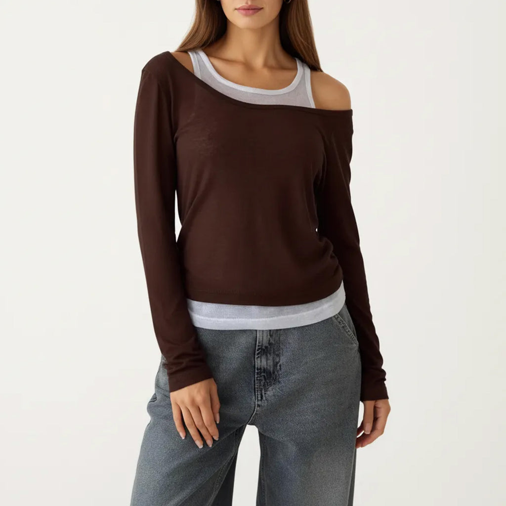 Anna-Kaci Off Shoulder Long Sleeve Layered Knit Top with Relaxed Fit