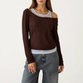 Anna-Kaci Off Shoulder Long Sleeve Layered Knit Top with Relaxed Fit