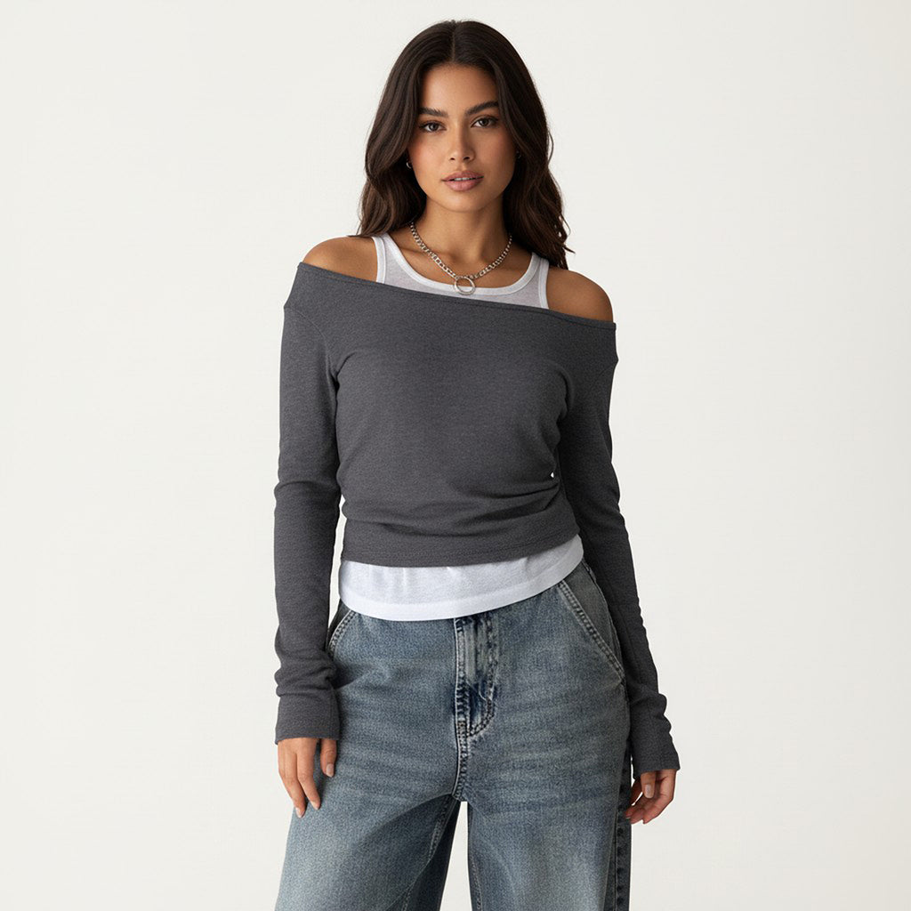 Anna-Kaci Off Shoulder Long Sleeve Layered Knit Top with Relaxed Fit