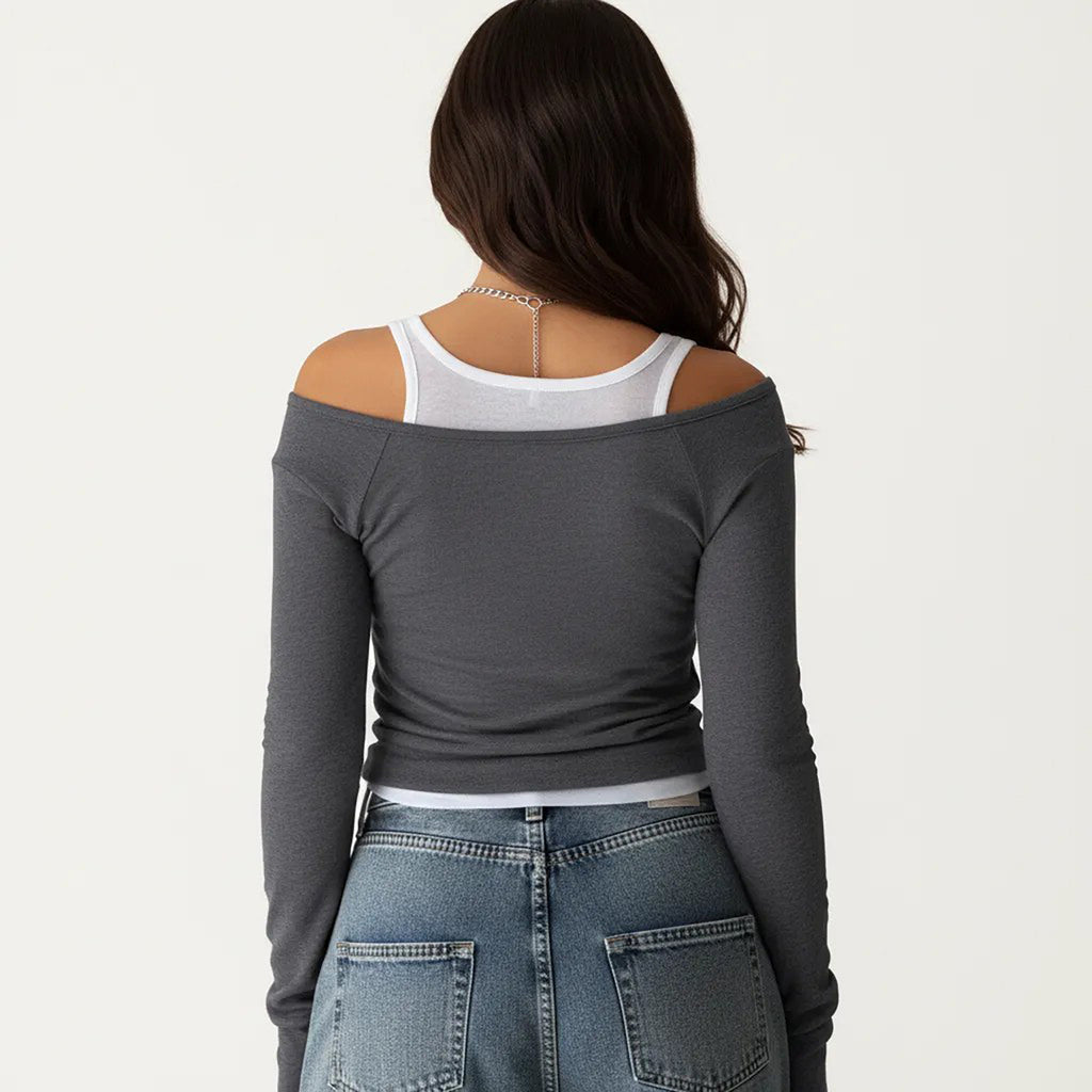 Anna-Kaci Off Shoulder Long Sleeve Layered Knit Top with Relaxed Fit