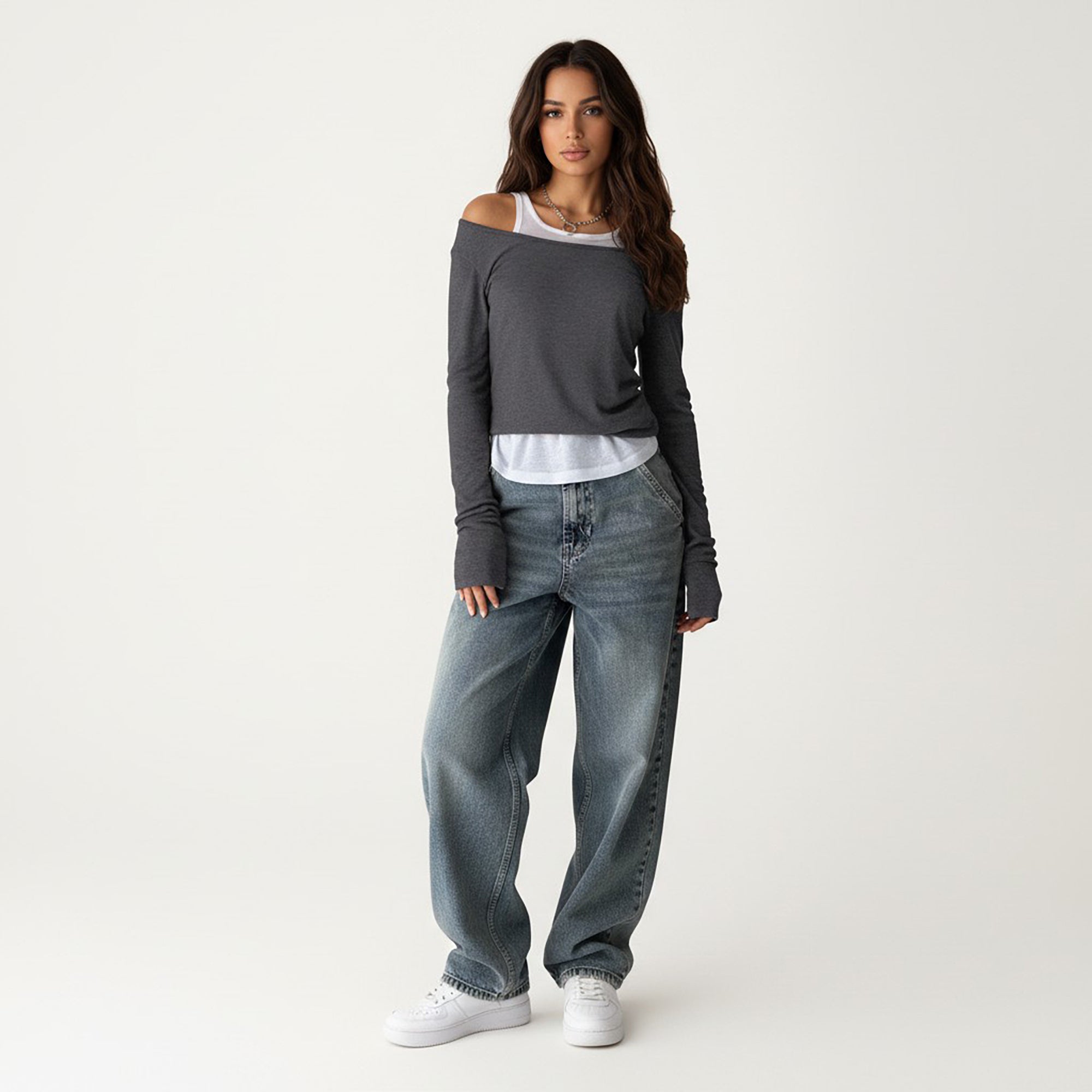 Anna-Kaci Off Shoulder Long Sleeve Layered Knit Top with Relaxed Fit