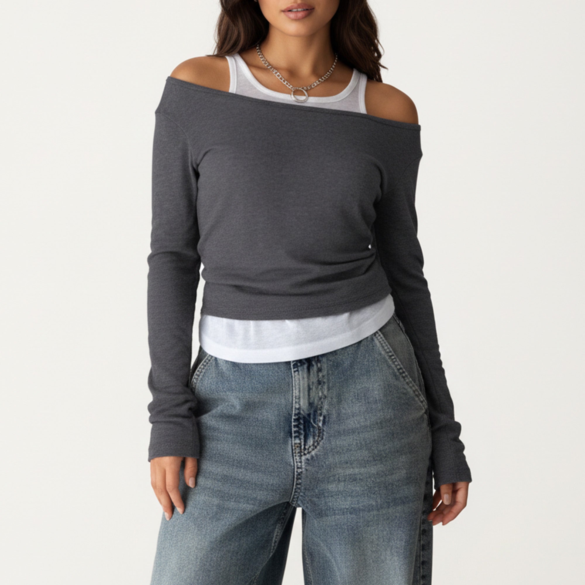 Anna-Kaci Off Shoulder Long Sleeve Layered Knit Top with Relaxed Fit