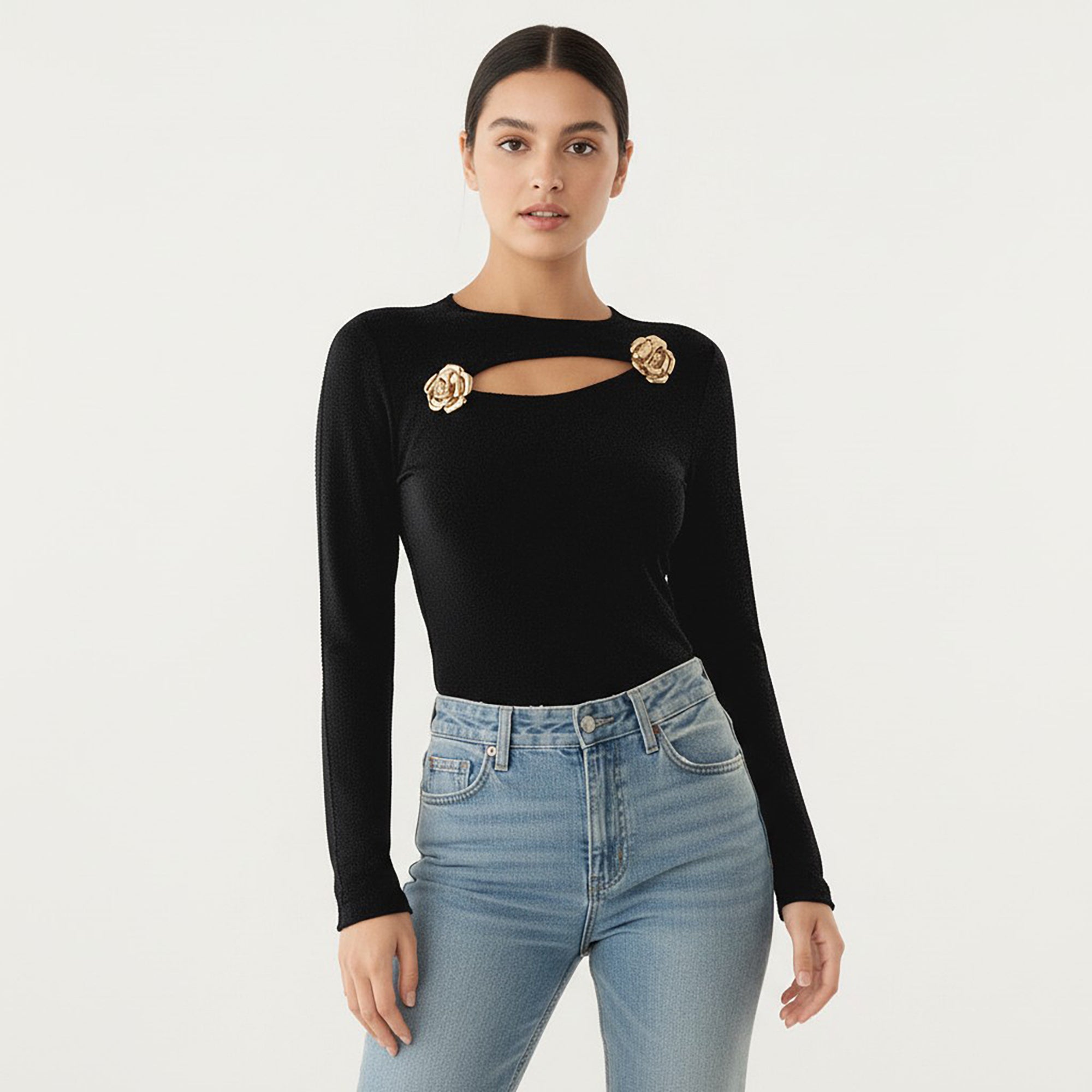 Anna-Kaci Long Sleeve Cutout Knit Top with Decorative Rose Accent