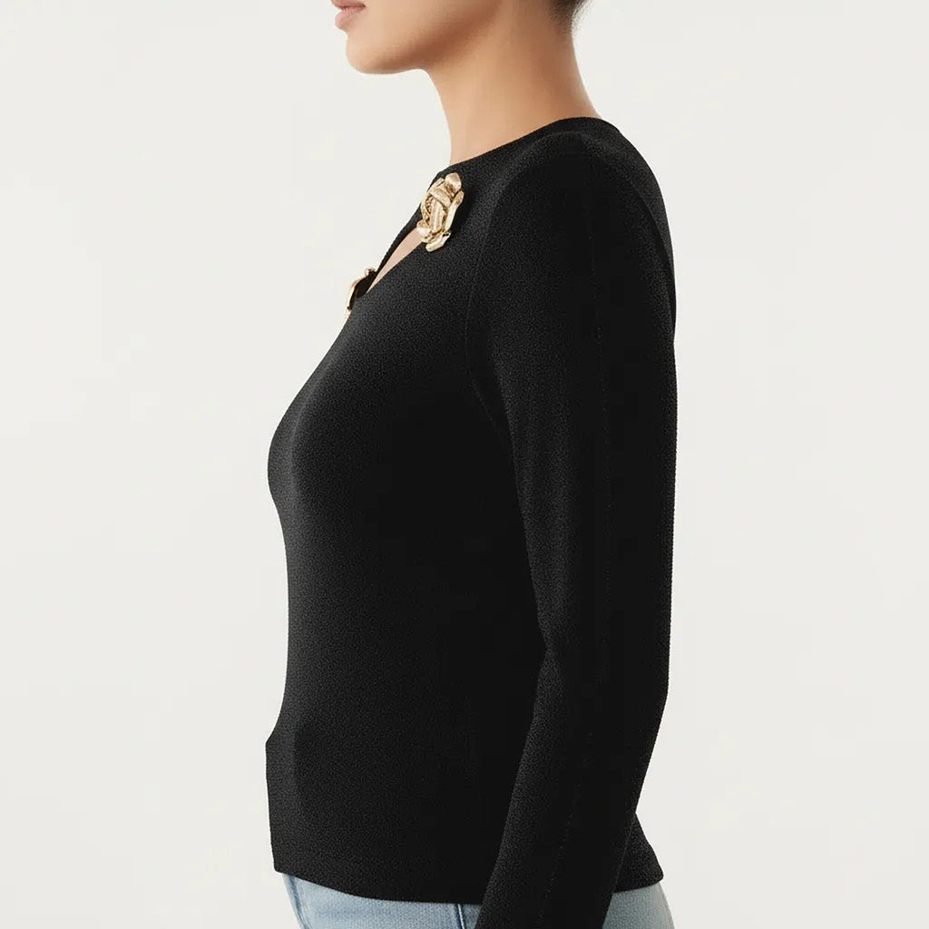 Anna-Kaci Long Sleeve Cutout Knit Top with Decorative Rose Accent