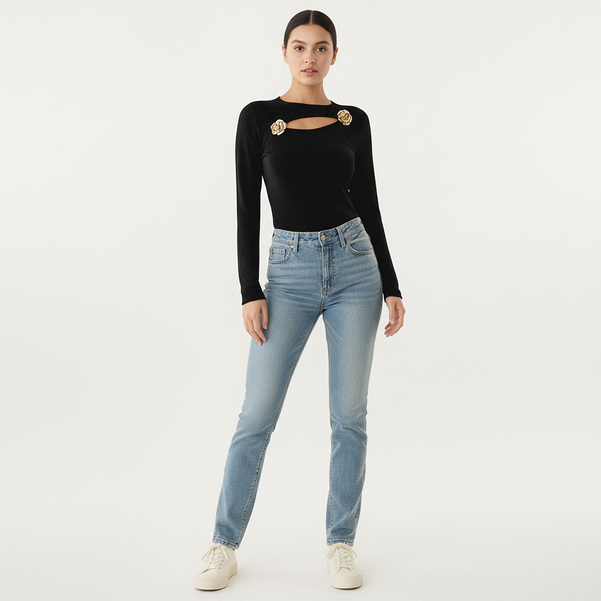 Anna-Kaci Long Sleeve Cutout Knit Top with Decorative Rose Accent