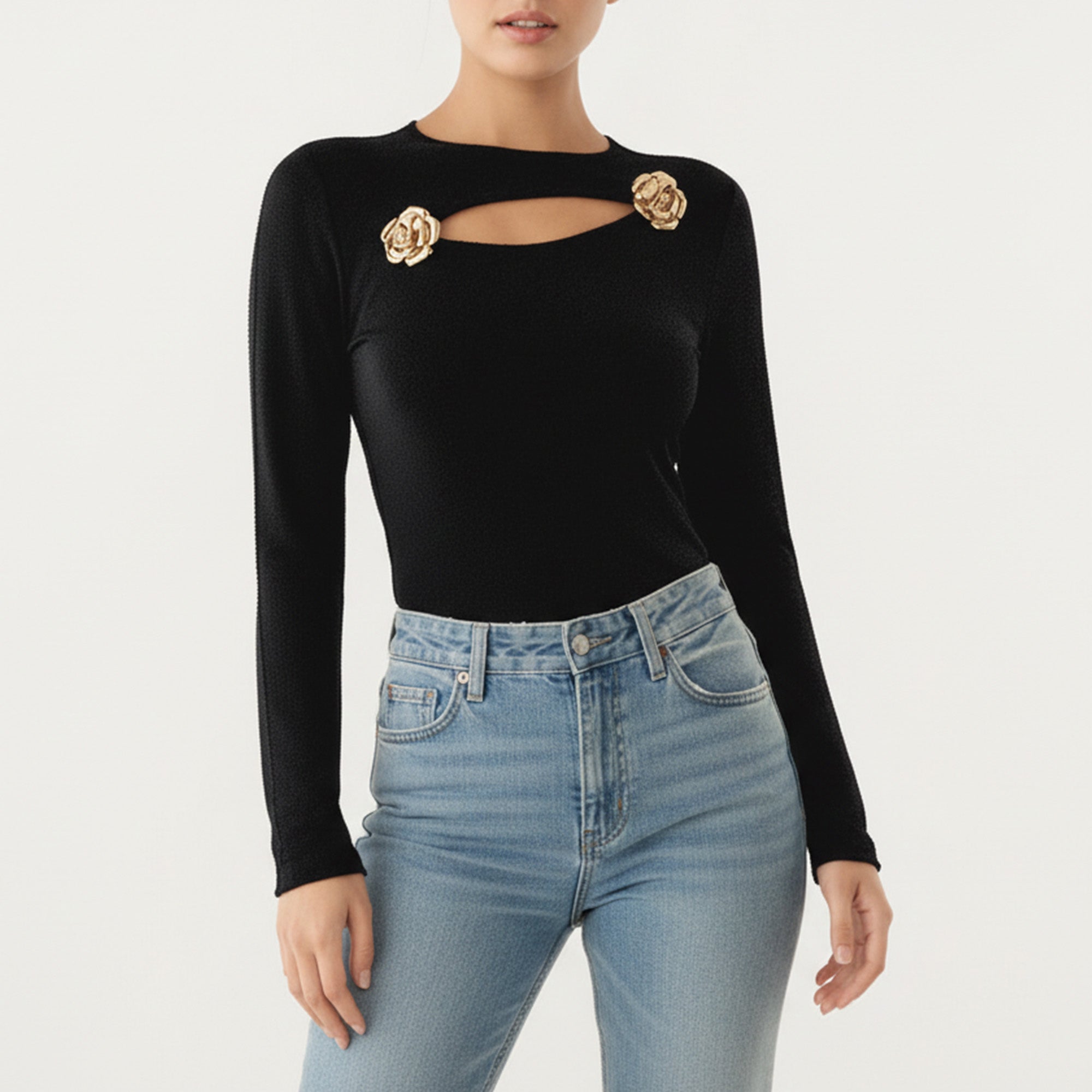 Anna-Kaci Long Sleeve Cutout Knit Top with Decorative Rose Accent