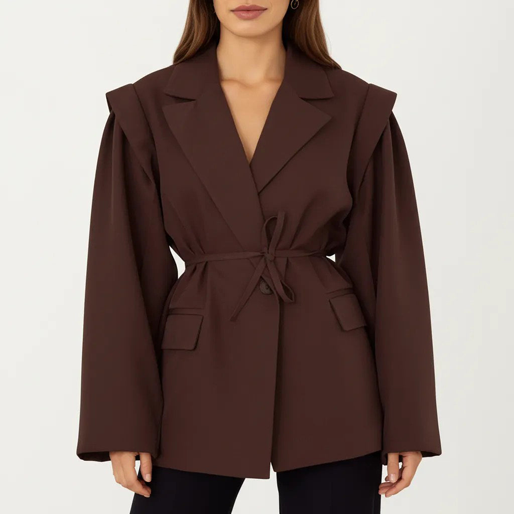 Anna-Kaci Long Sleeve Tailored Blazer with Tie Waist and Structured Lapel