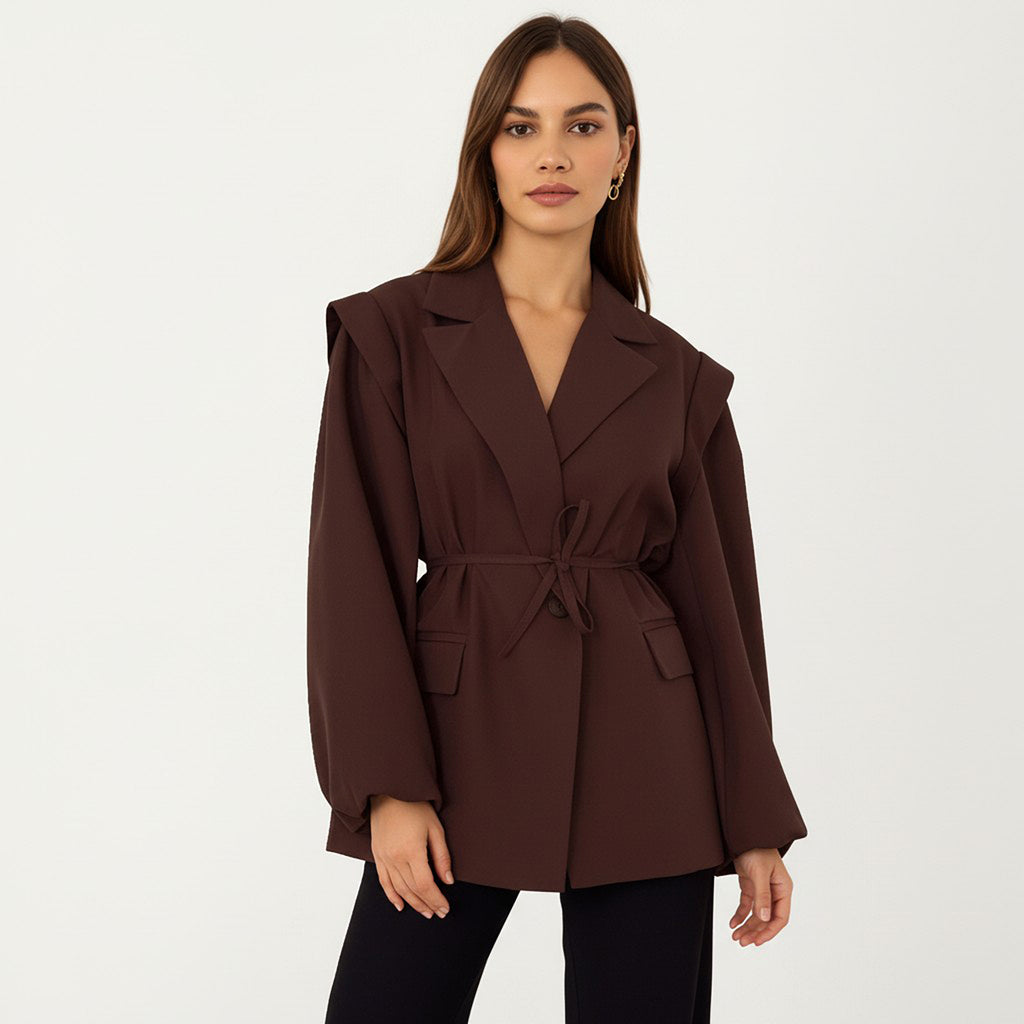 Anna-Kaci Long Sleeve Tailored Blazer with Tie Waist and Structured Lapel