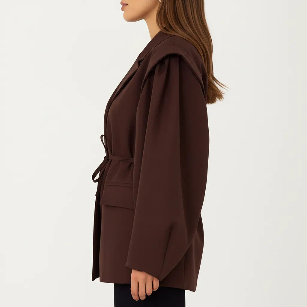 Anna-Kaci Long Sleeve Tailored Blazer with Tie Waist and Structured Lapel