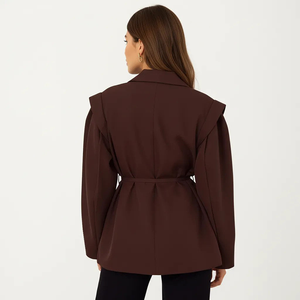 Anna-Kaci Long Sleeve Tailored Blazer with Tie Waist and Structured Lapel
