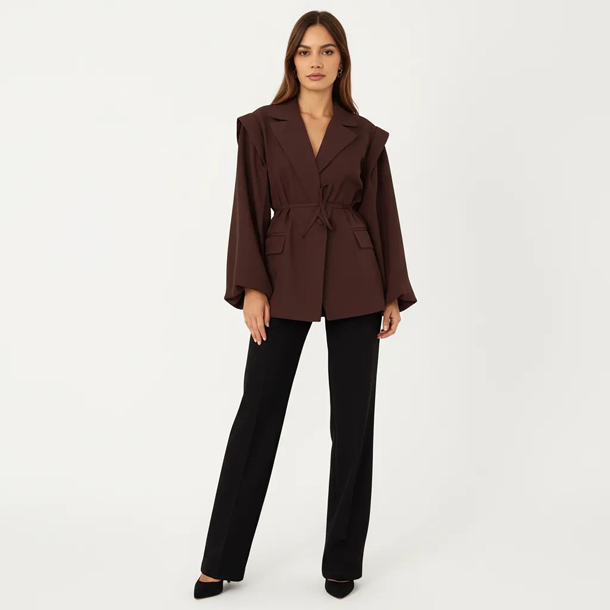 Anna-Kaci Long Sleeve Tailored Blazer with Tie Waist and Structured Lapel