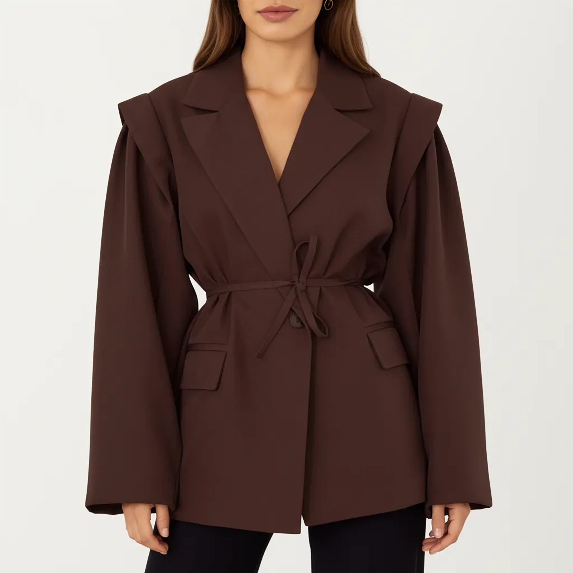 Anna-Kaci Long Sleeve Tailored Blazer with Tie Waist and Structured Lapel