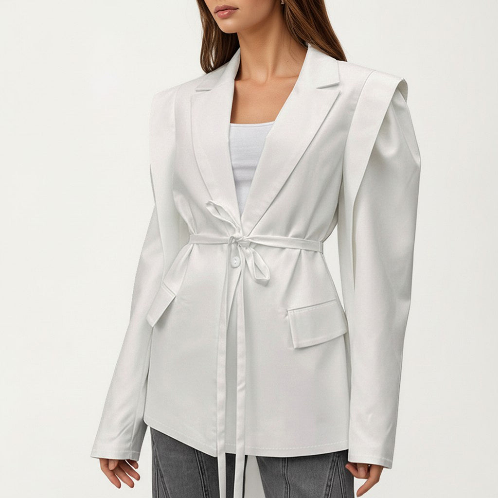 Anna-Kaci Long Sleeve Tailored Blazer with Tie Waist and Structured Lapel