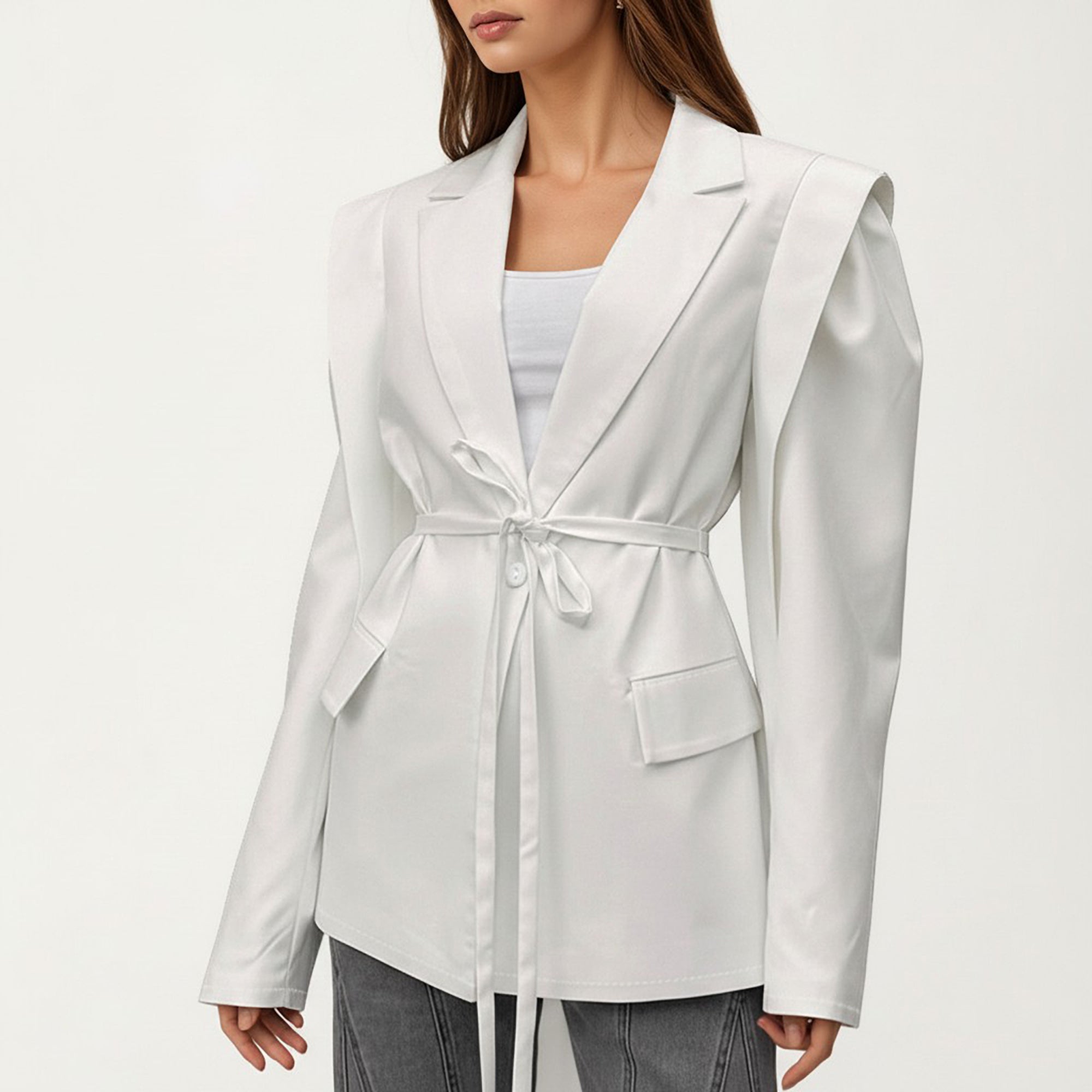 Anna-Kaci Long Sleeve Tailored Blazer with Tie Waist and Structured Lapel