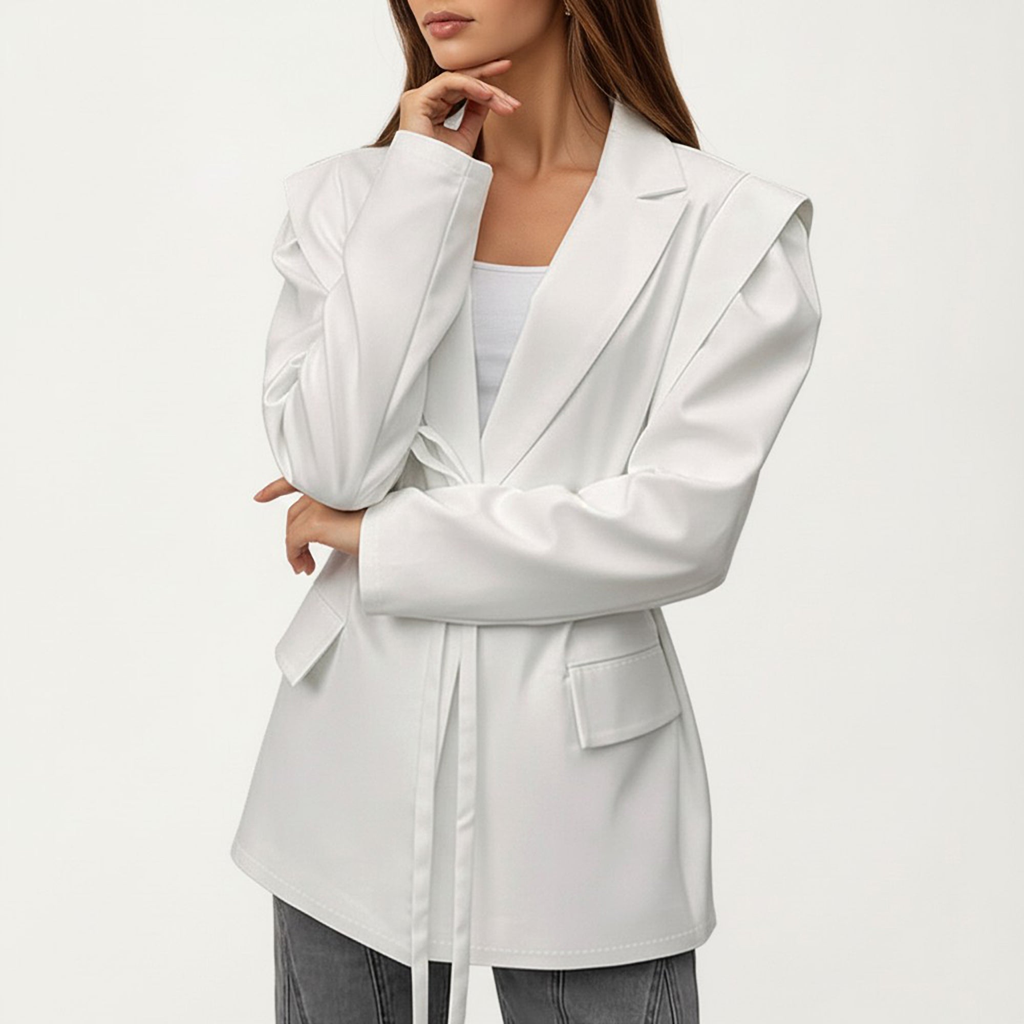Anna-Kaci Long Sleeve Tailored Blazer with Tie Waist and Structured Lapel