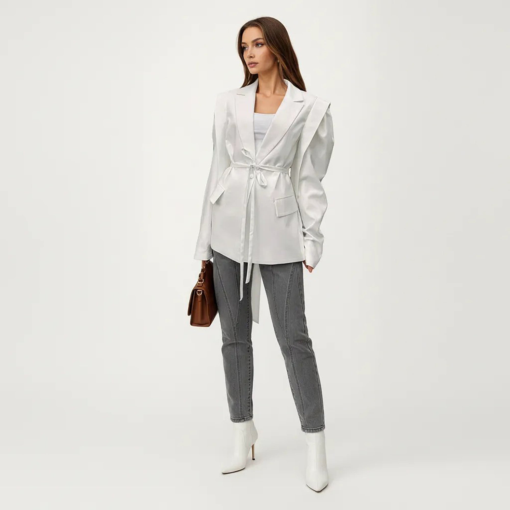 Anna-Kaci Long Sleeve Tailored Blazer with Tie Waist and Structured Lapel