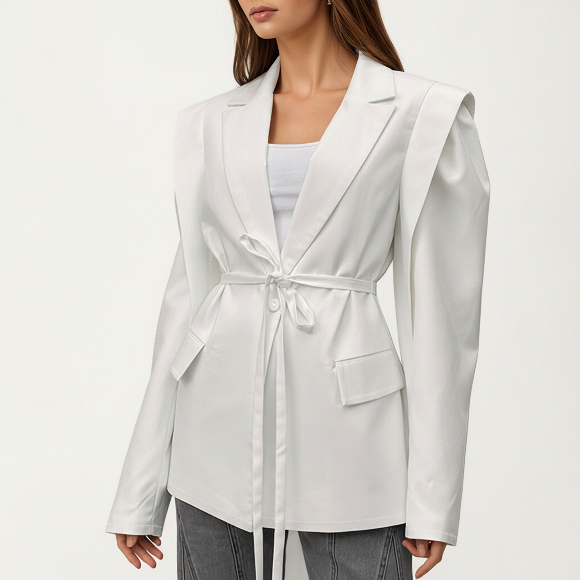 Anna-Kaci Long Sleeve Tailored Blazer with Tie Waist and Structured Lapel