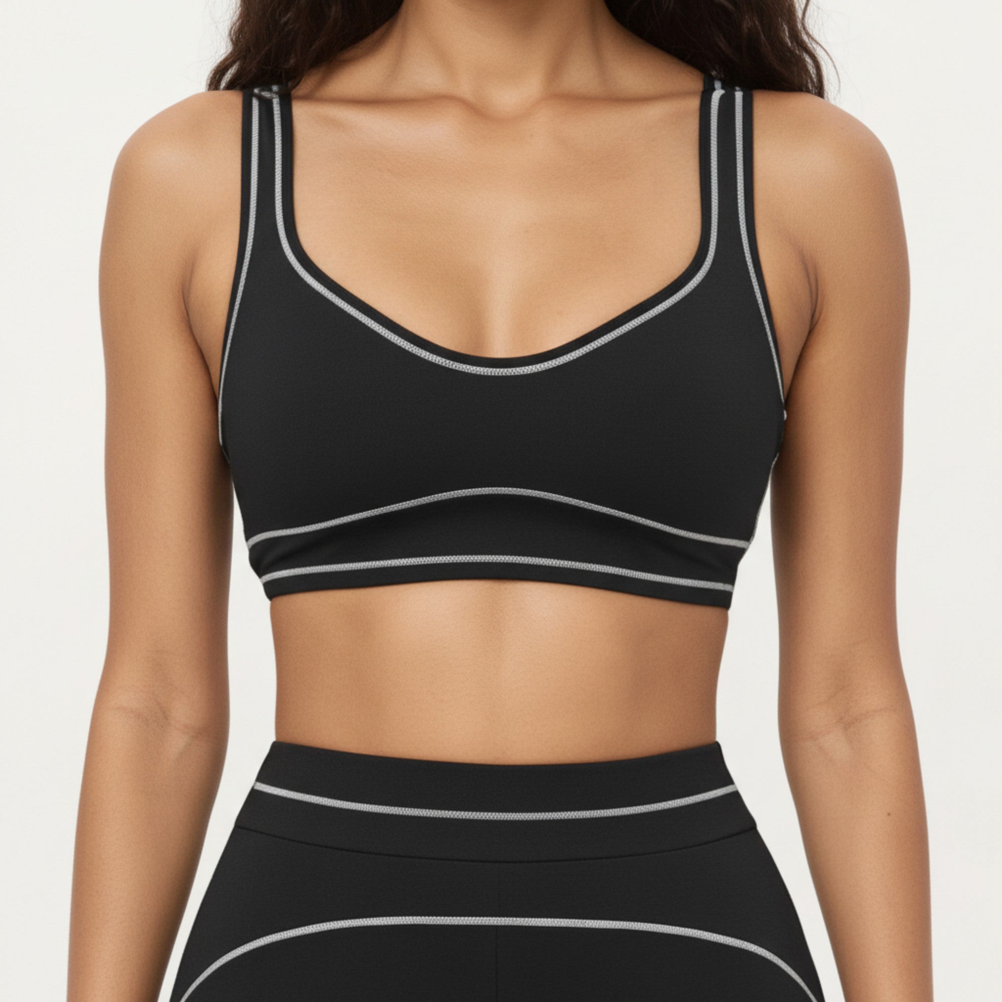 Anna-Kaci Active Women's Ribbed Fitted Sports Bra Top with Scoop Neck Contrast Trim and Medium Support