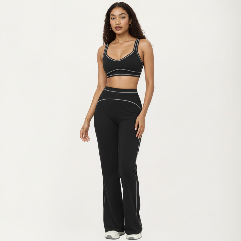 Anna-Kaci Active Women's Ribbed Fitted Sports Bra Top with Scoop Neck Contrast Trim and Medium Support