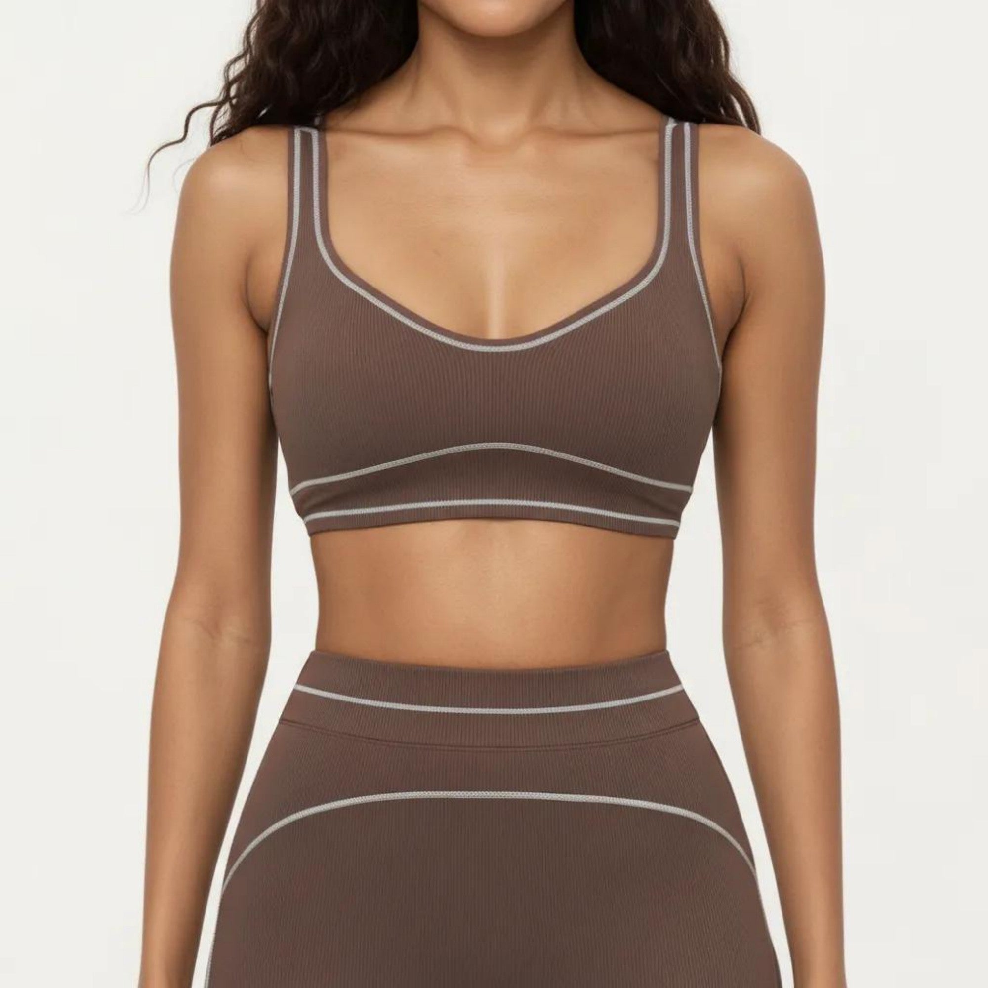 Anna-Kaci Active Women's Ribbed Fitted Sports Bra Top with Scoop Neck Contrast Trim and Medium Support