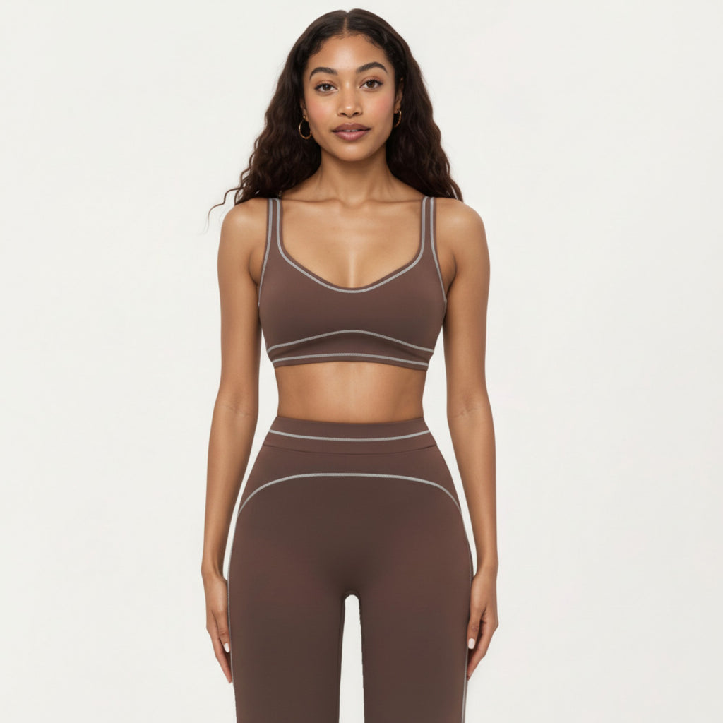 Anna-Kaci Active Women's Ribbed Fitted Sports Bra Top with Scoop Neck Contrast Trim and Medium Support