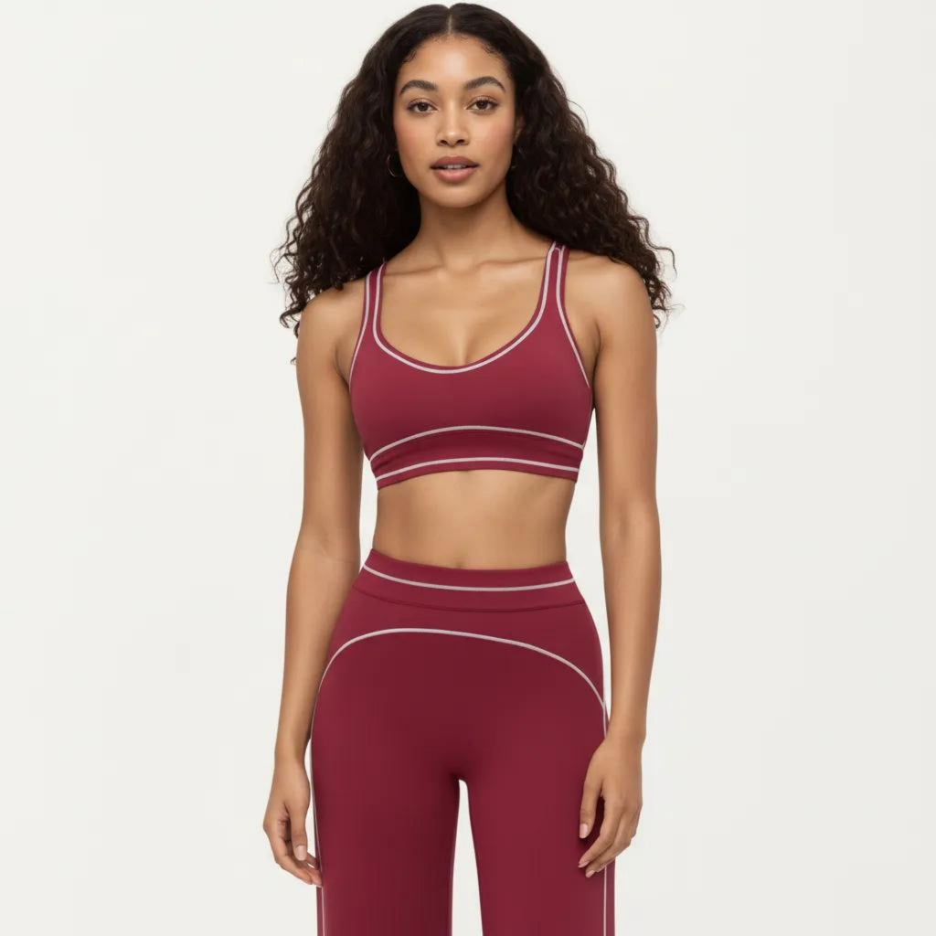 Anna-Kaci Active Women's Ribbed Fitted Sports Bra Top with Scoop Neck Contrast Trim and Medium Support