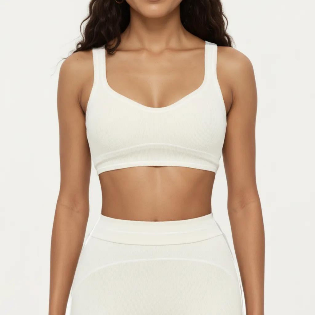 Anna-Kaci Active Women's Ribbed Fitted Sports Bra Top with Scoop Neck Contrast Trim and Medium Support