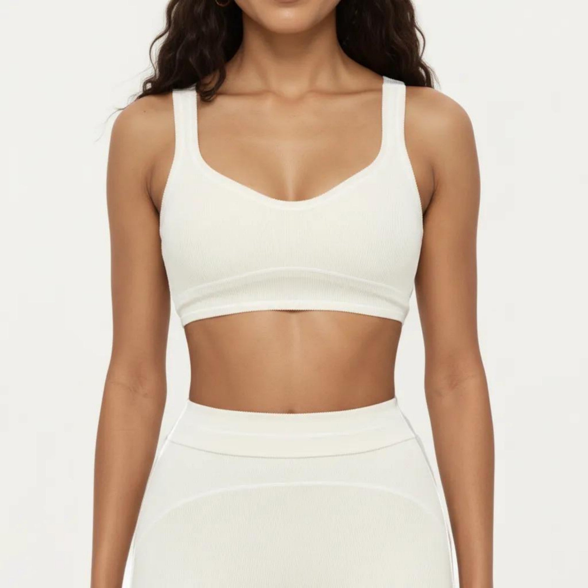 Anna-Kaci Active Women's Ribbed Fitted Sports Bra Top with Scoop Neck Contrast Trim and Medium Support