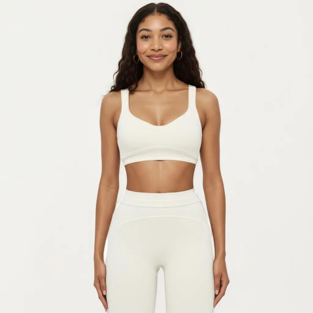 Anna-Kaci Active Women's Ribbed Fitted Sports Bra Top with Scoop Neck Contrast Trim and Medium Support