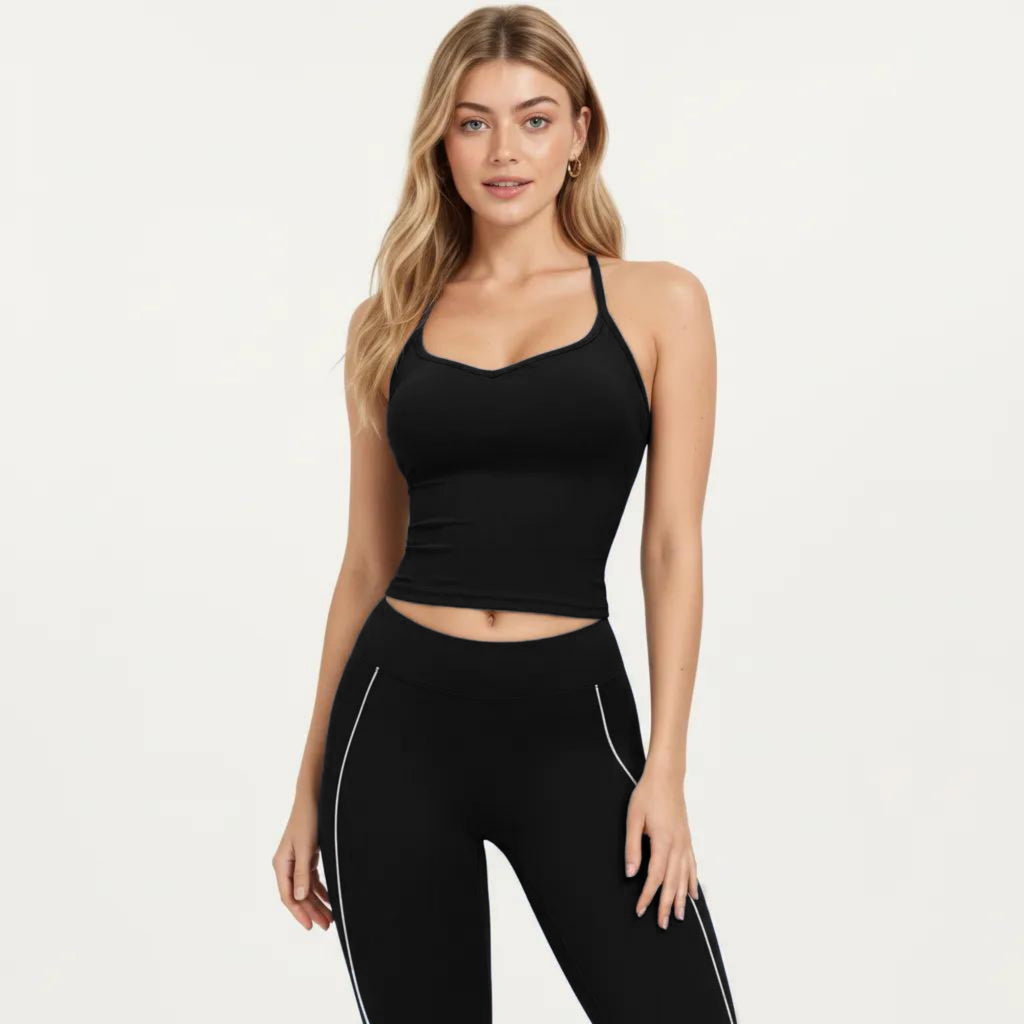 Anna-Kaci Active Women's Fitted Sports Bra Tank with V Neckline Adjustable Straps and Smooth Stretch Support
