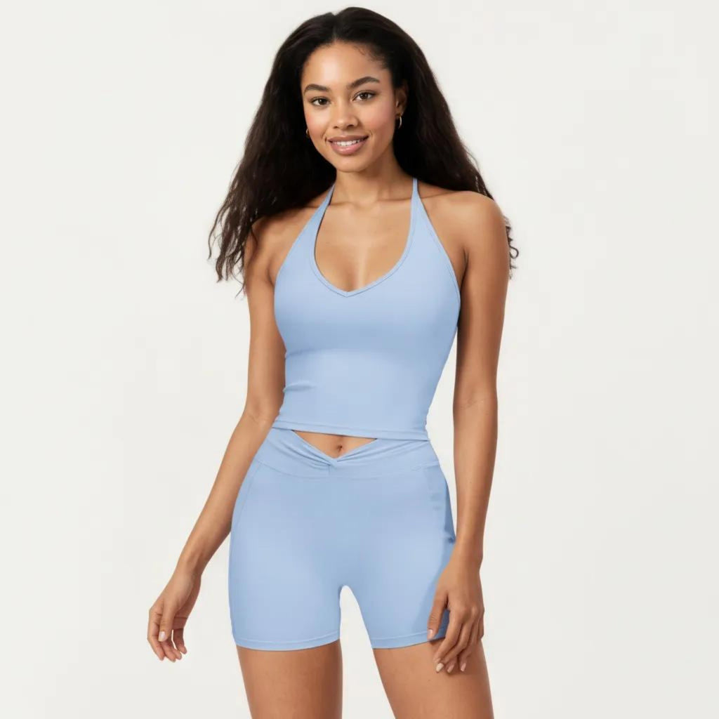 Anna-Kaci Active Women's Halter Neck Fitted Active Top with V Neckline and Smooth Stretch Support