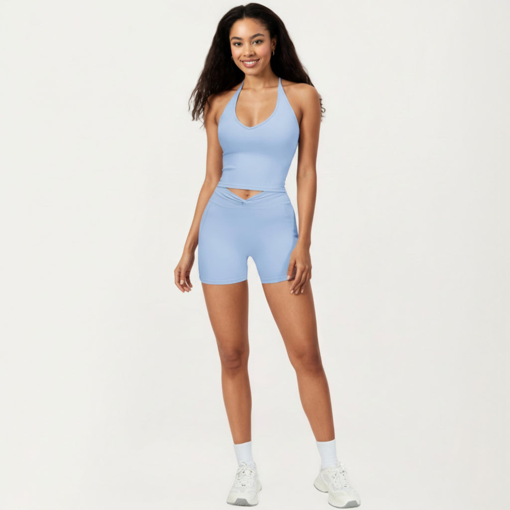 Anna-Kaci Active Women's Halter Neck Fitted Active Top with V Neckline and Smooth Stretch Support