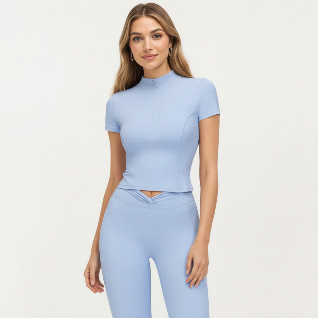Anna-Kaci Active Women's Short Sleeve Zip Front Fitted Active Top with Mock Neck and Ribbed Stretch Fabric