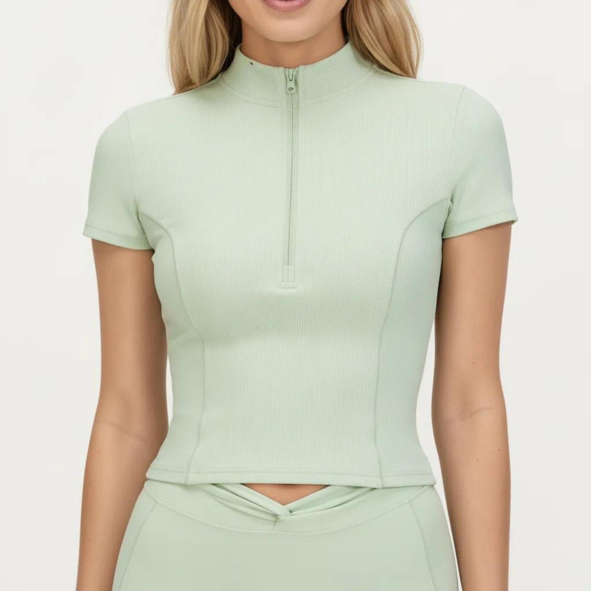 Anna-Kaci Active Women's Short Sleeve Zip Front Fitted Active Top with Mock Neck and Ribbed Stretch Fabric