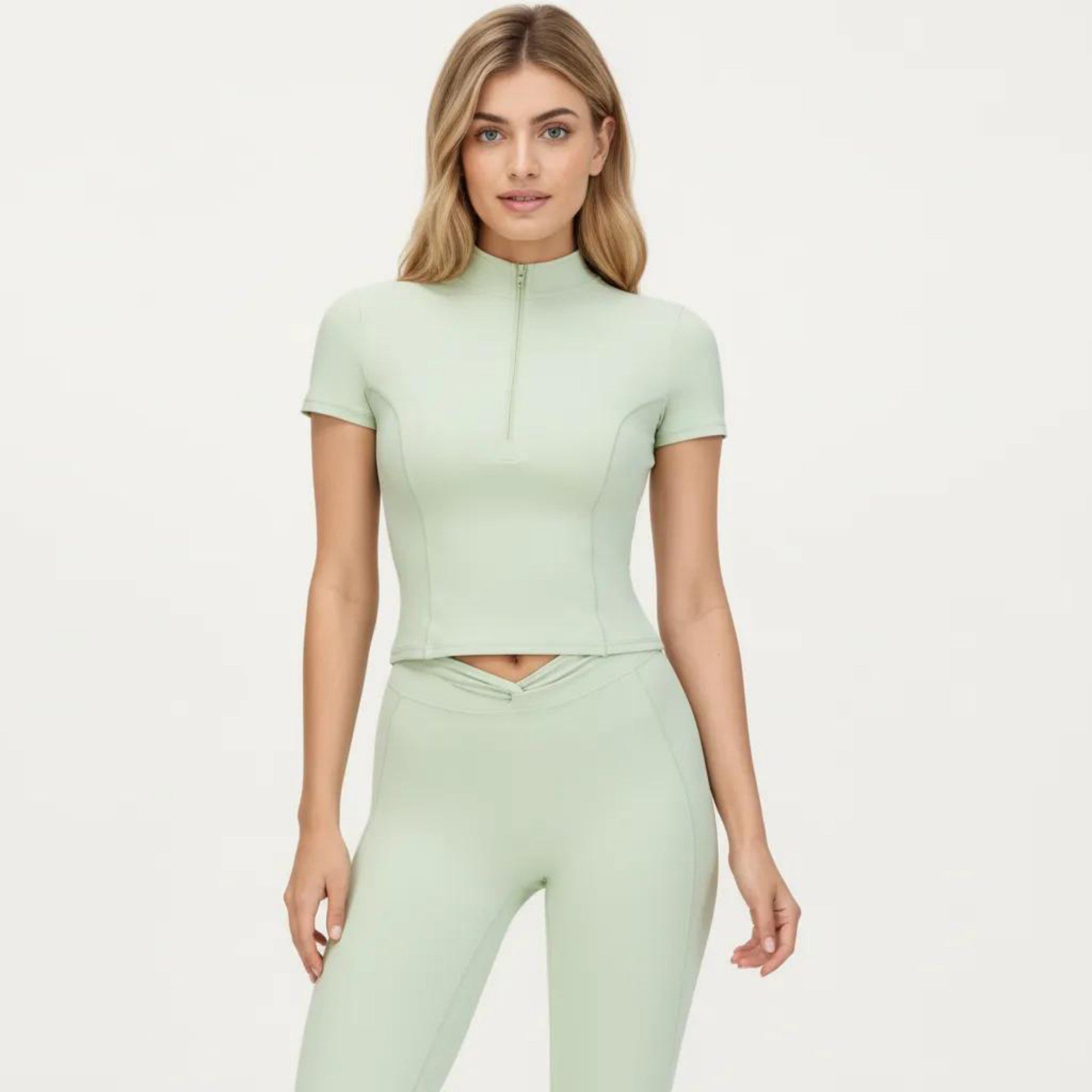 Anna-Kaci Active Women's Short Sleeve Zip Front Fitted Active Top with Mock Neck and Ribbed Stretch Fabric