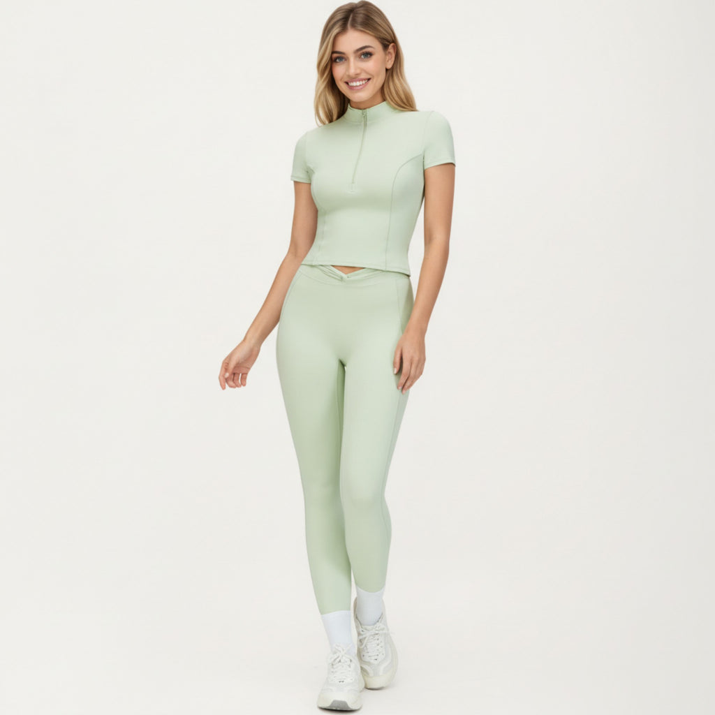 Anna-Kaci Active Women's Short Sleeve Zip Front Fitted Active Top with Mock Neck and Ribbed Stretch Fabric