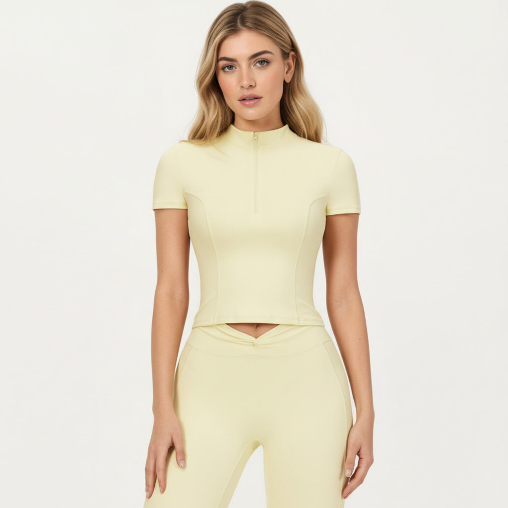 Anna-Kaci Active Women's Short Sleeve Zip Front Fitted Active Top with Mock Neck and Ribbed Stretch Fabric