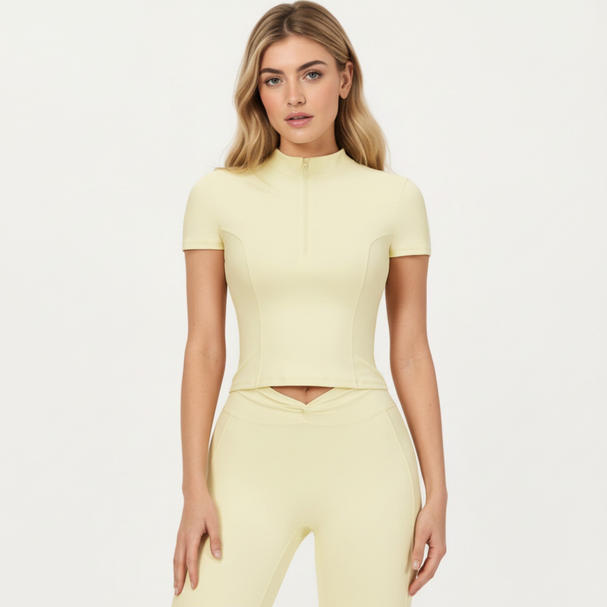 Anna-Kaci Active Women's Short Sleeve Zip Front Fitted Active Top with Mock Neck and Ribbed Stretch Fabric