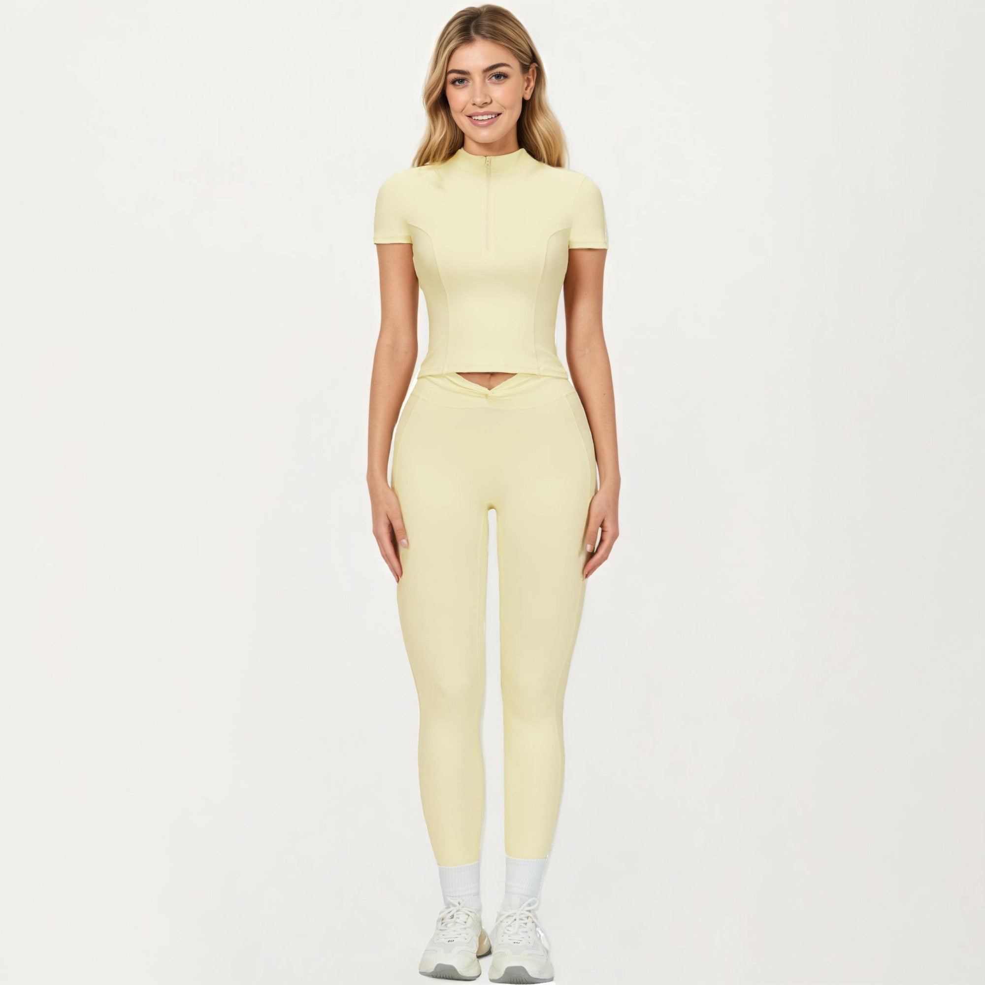Anna-Kaci Active Women's Short Sleeve Zip Front Fitted Active Top with Mock Neck and Ribbed Stretch Fabric
