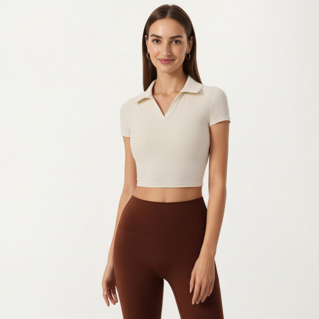 Anna-Kaci Active Women's Short Sleeve Cropped Active Polo Top with Collared V Neck and Stretch Fit