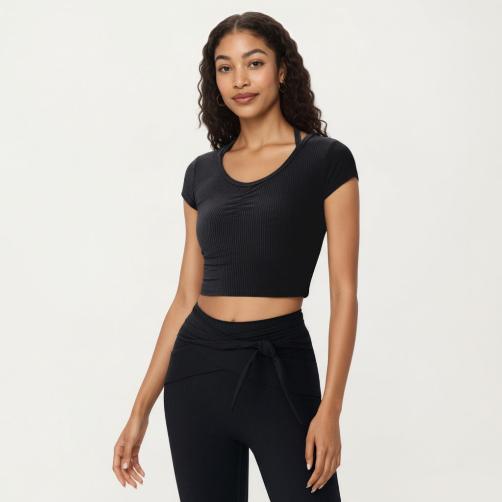 Anna-Kaci Active Women's Short Sleeve Ribbed Active Crop Top with Scoop Neck and Back Strap Detail