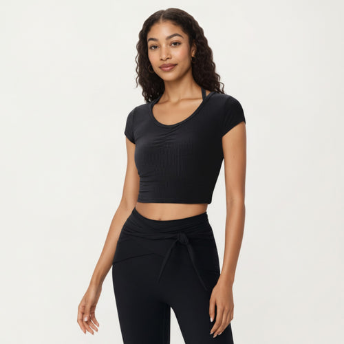 Anna-Kaci Active Women's Short Sleeve Ribbed Active Crop Top with Scoop Neck and Back Strap Detail