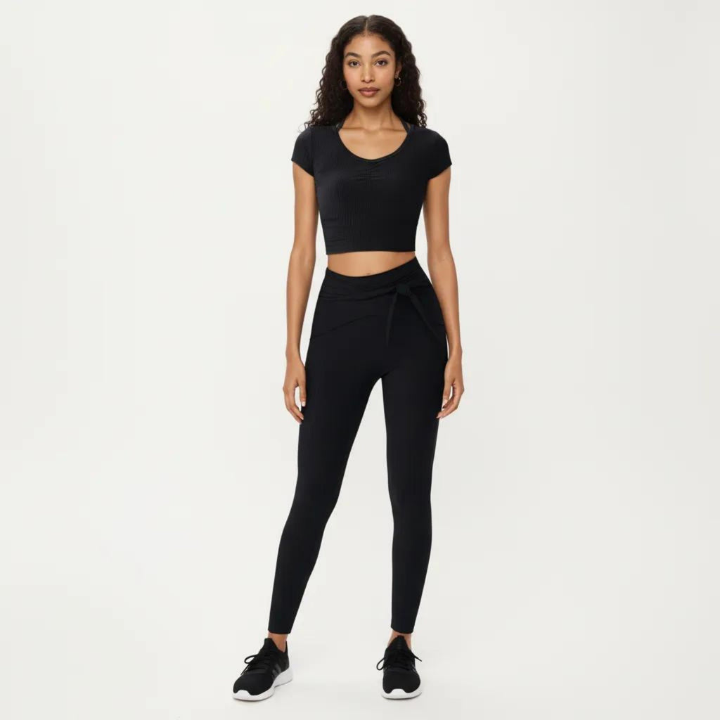 Anna-Kaci Active Women's Short Sleeve Ribbed Active Crop Top with Scoop Neck and Back Strap Detail