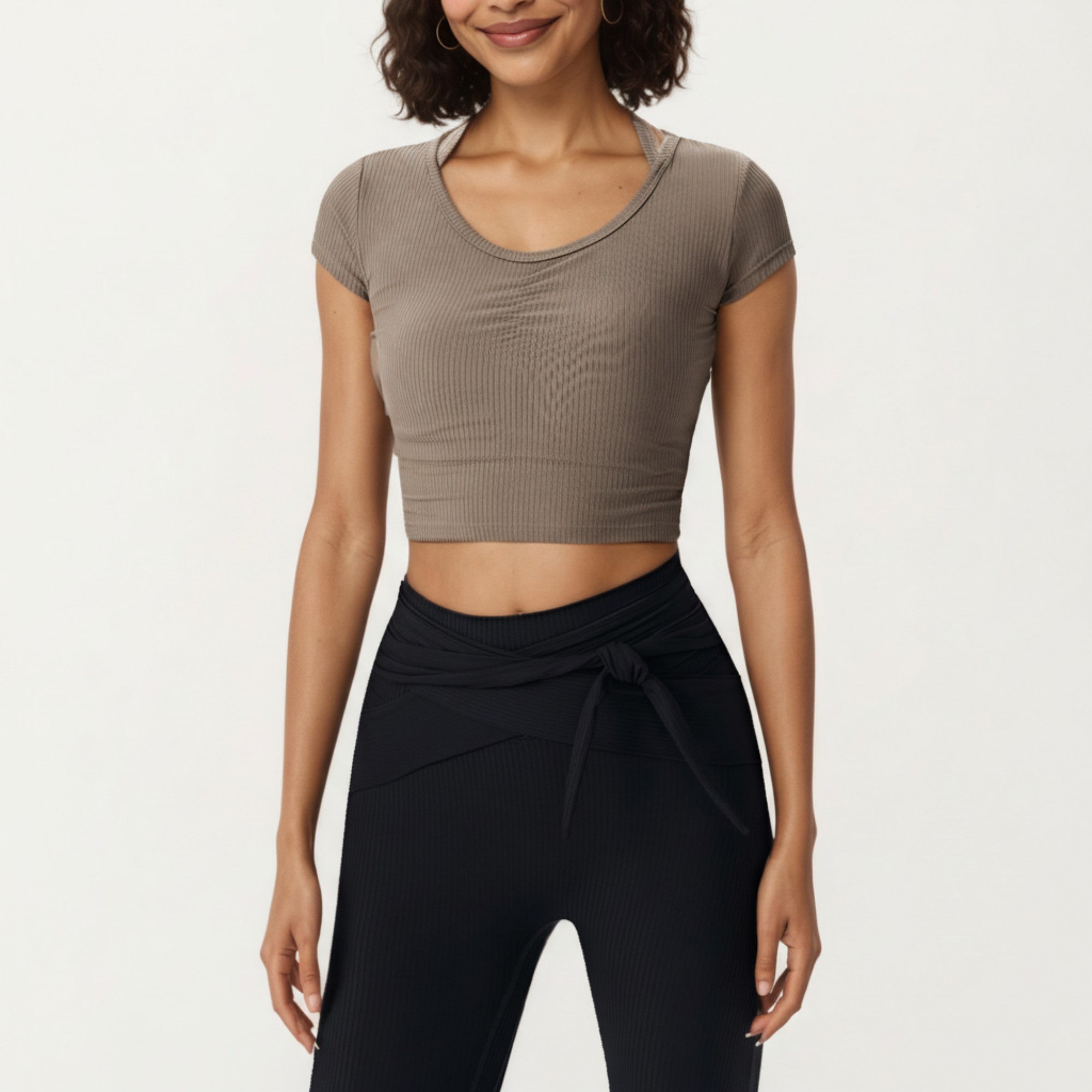 Anna-Kaci Active Women's Short Sleeve Ribbed Active Crop Top with Scoop Neck and Back Strap Detail