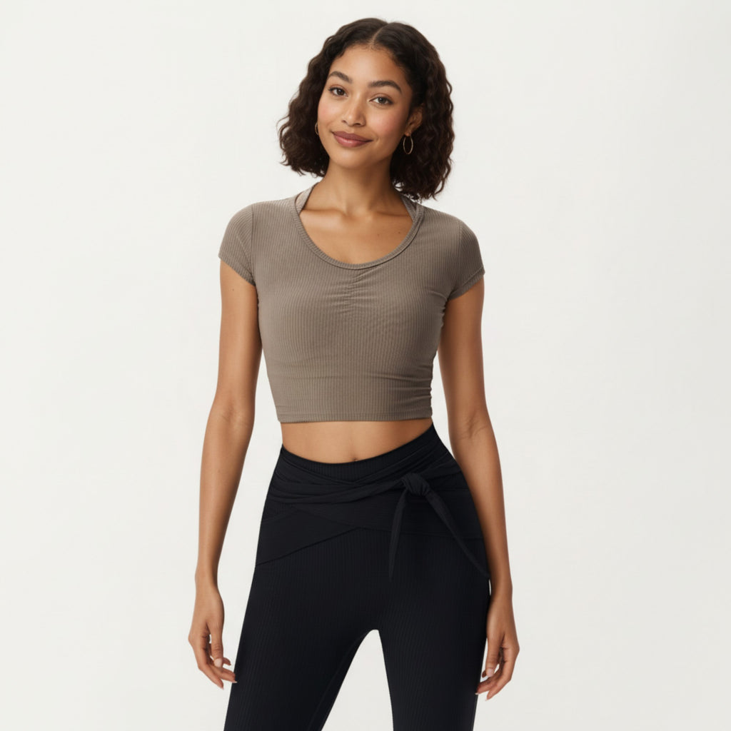 Anna-Kaci Active Women's Short Sleeve Ribbed Active Crop Top with Scoop Neck and Back Strap Detail