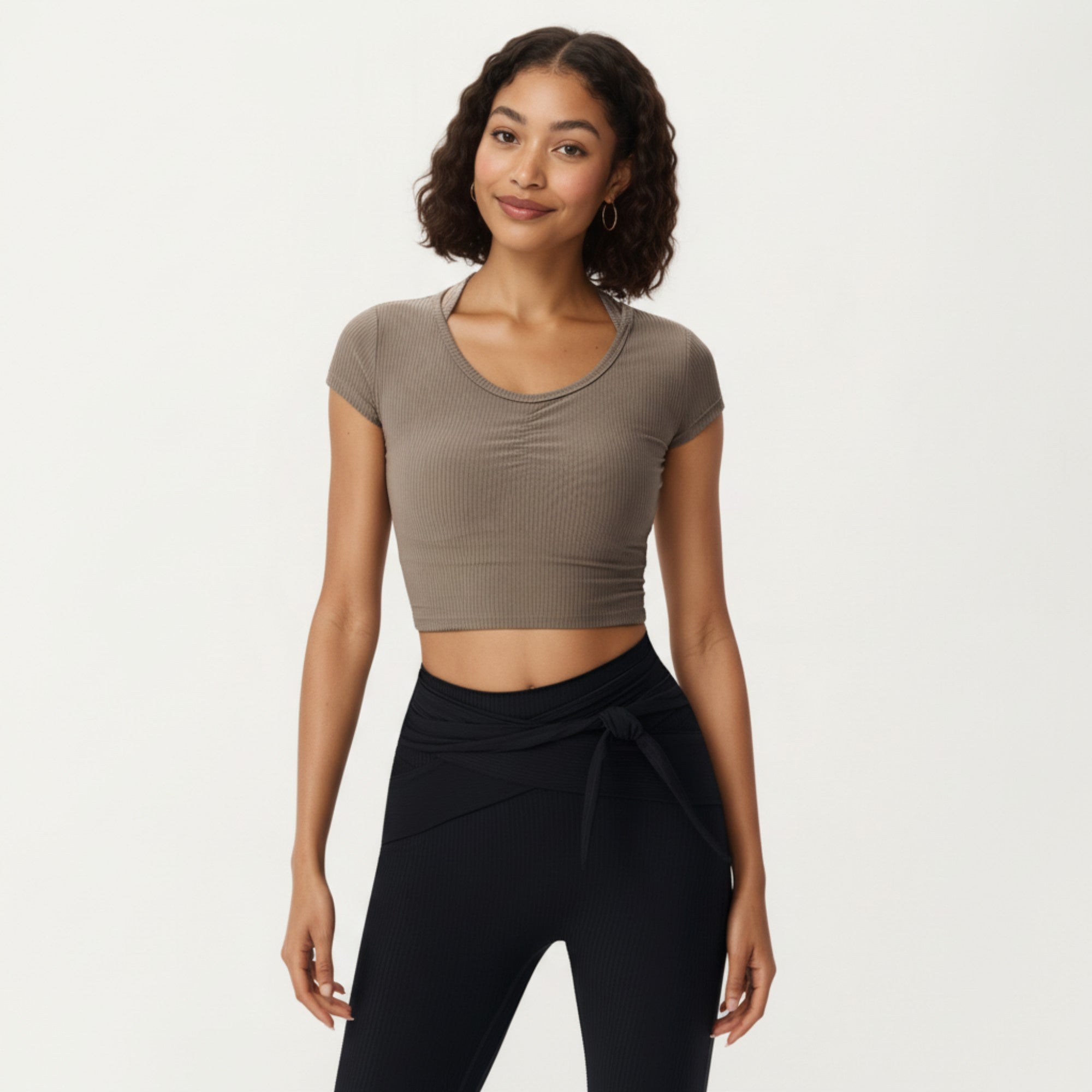 Anna-Kaci Active Women's Short Sleeve Ribbed Active Crop Top with Scoop Neck and Back Strap Detail