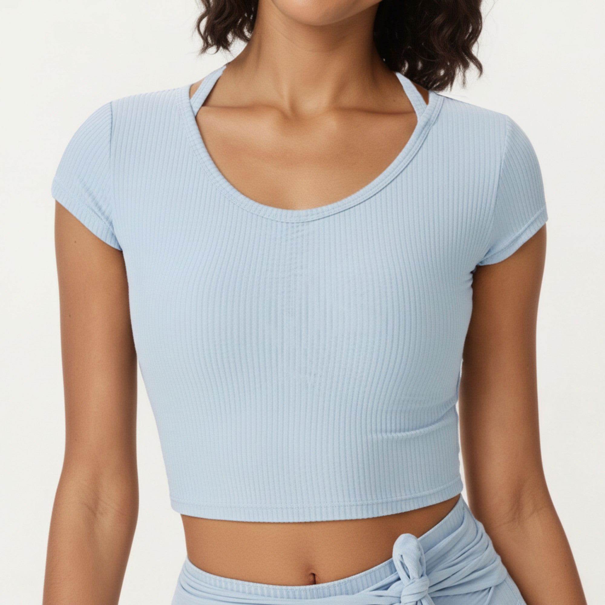 Anna-Kaci Active Women's Short Sleeve Ribbed Active Crop Top with Scoop Neck and Back Strap Detail