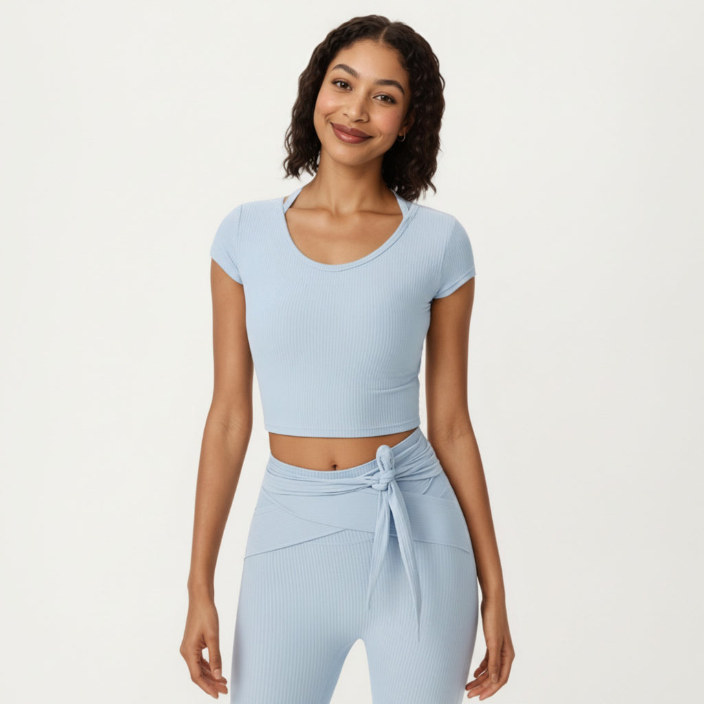 Anna-Kaci Active Women's Short Sleeve Ribbed Active Crop Top with Scoop Neck and Back Strap Detail